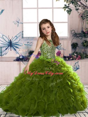 Olive Green Sleeveless Beading and Ruffles Floor Length Pageant Gowns For Girls