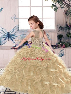 Olive Green Sleeveless Beading and Ruffles Floor Length Pageant Gowns For Girls