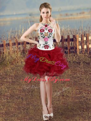 White And Red Ball Gowns Embroidery and Ruffles Prom Dress Lace Up Organza Sleeveless Mini Length
