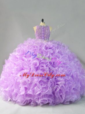 Superior Lavender Fabric With Rolling Flowers Zipper Scoop Sleeveless Floor Length 15 Quinceanera Dress Beading and Ruffles