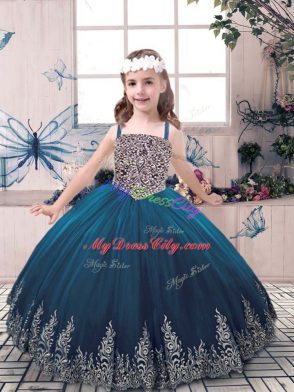 Teal Lace Up Kids Formal Wear Beading and Embroidery Sleeveless Floor Length