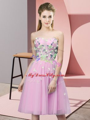 Knee Length Lace Up Damas Dress Rose Pink for Wedding Party with Appliques