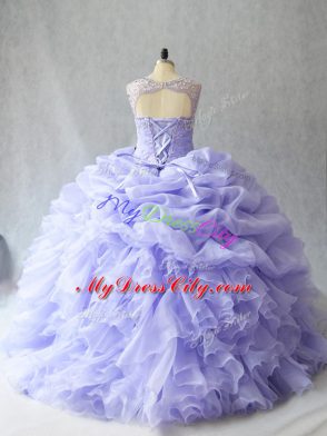 Vintage Brush Train Ball Gowns Quinceanera Gown Lilac Scoop Organza Sleeveless Lace Up
