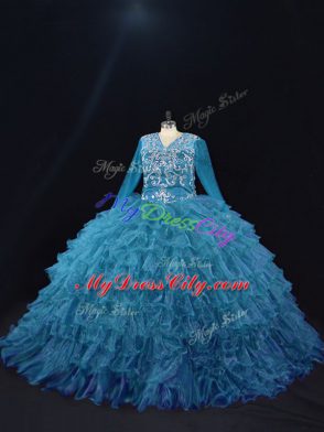 Floor Length Ball Gowns Long Sleeves Teal Quinceanera Dress Lace Up