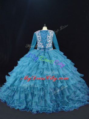 Floor Length Ball Gowns Long Sleeves Teal Quinceanera Dress Lace Up