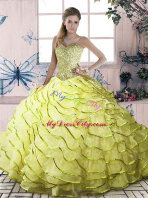 Best Sleeveless Brush Train Lace Up Beading and Ruffled Layers Quinceanera Gowns