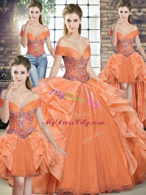 Off The Shoulder Sleeveless Lace Up Ball Gown Prom Dress Orange Organza