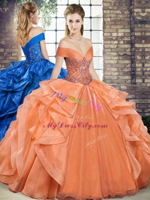 Off The Shoulder Sleeveless Lace Up Ball Gown Prom Dress Orange Organza