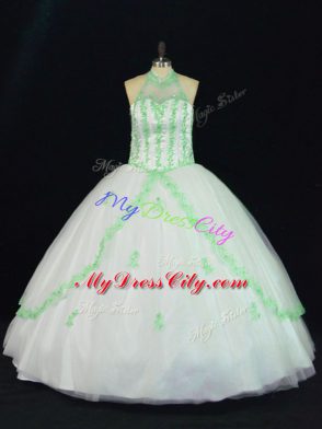 Flirting Halter Top Sleeveless Tulle Quinceanera Gowns Appliques Lace Up