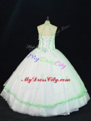 Flirting Halter Top Sleeveless Tulle Quinceanera Gowns Appliques Lace Up