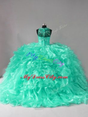 Free and Easy Aqua Blue Quinceanera Gowns Sweet 16 and Quinceanera with Beading and Ruffles Halter Top Sleeveless Brush Train Zipper
