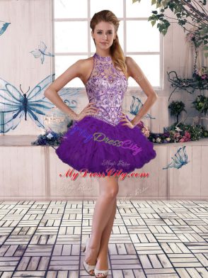 Noble Mini Length Purple Prom Evening Gown Tulle Sleeveless Beading and Ruffles