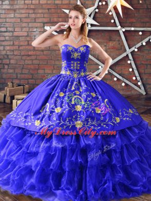 Simple Floor Length Lace Up Sweet 16 Dresses Royal Blue and In with Embroidery and Ruffled Layers