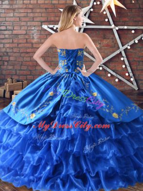 Simple Floor Length Lace Up Sweet 16 Dresses Royal Blue and In with Embroidery and Ruffled Layers