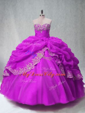 Sweetheart Sleeveless Quinceanera Dresses Floor Length Beading and Appliques Fuchsia Organza