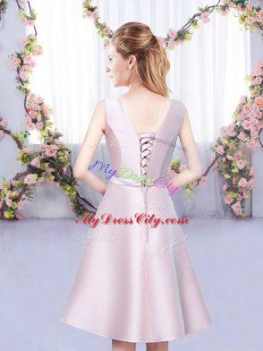 Comfortable Mini Length A-line Sleeveless Baby Pink Bridesmaid Gown Lace Up