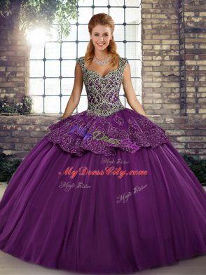 Glorious Purple Quince Ball Gowns Military Ball and Sweet 16 and Quinceanera with Beading and Appliques Straps Sleeveless Lace Up