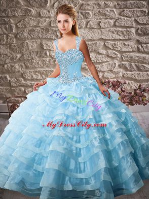 Straps Sleeveless Organza Quinceanera Gowns Beading and Ruffled Layers Court Train Lace Up