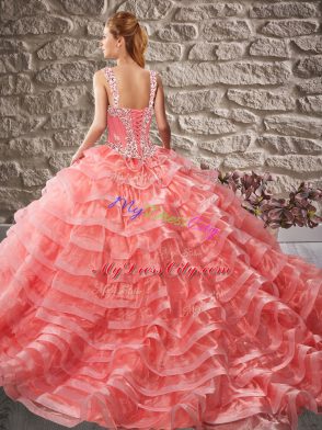 Straps Sleeveless Organza Quinceanera Gowns Beading and Ruffled Layers Court Train Lace Up