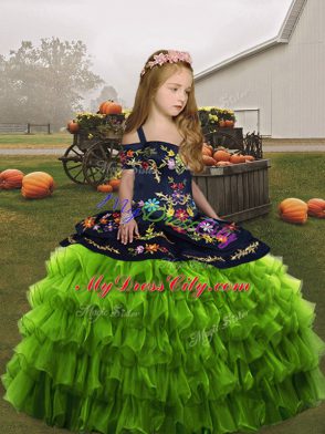 Popular Olive Green Organza Lace Up Straps Sleeveless Floor Length Pageant Gowns For Girls Embroidery