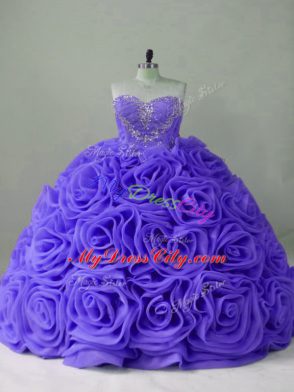New Style Brush Train Ball Gowns Quinceanera Dresses Lavender Sweetheart Fabric With Rolling Flowers Sleeveless Lace Up