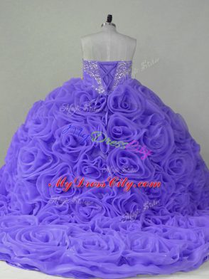 New Style Brush Train Ball Gowns Quinceanera Dresses Lavender Sweetheart Fabric With Rolling Flowers Sleeveless Lace Up