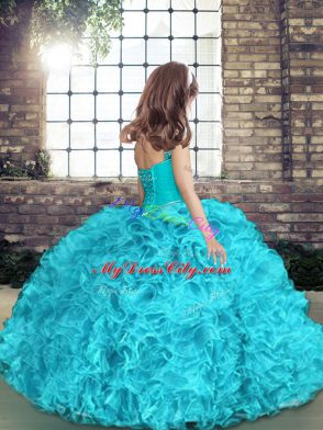 Straps Neckline Beading and Ruffles Child Pageant Dress Sleeveless Lace Up