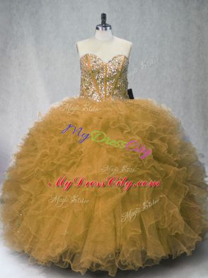 Brown Lace Up Quinceanera Dresses Beading and Ruffles Sleeveless Floor Length
