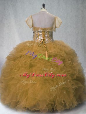Brown Lace Up Quinceanera Dresses Beading and Ruffles Sleeveless Floor Length