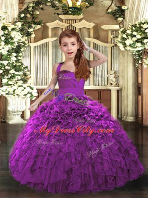 Affordable Organza Straps Sleeveless Lace Up Ruffles Little Girls Pageant Dress in Purple