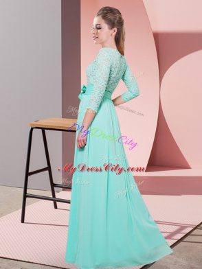 Elegant Scoop 3 4 Length Sleeve Dama Dress for Quinceanera Floor Length Lace and Belt Lavender Chiffon