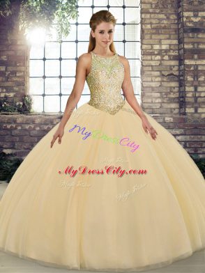 Gold Sleeveless Tulle Lace Up Sweet 16 Dress for Military Ball and Sweet 16 and Quinceanera