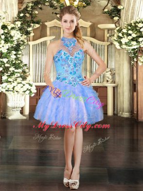 Ball Gowns Homecoming Dress Baby Blue Halter Top Organza Sleeveless Mini Length Lace Up
