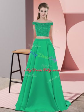 Turquoise Backless Evening Wear Beading Sleeveless Sweep Train