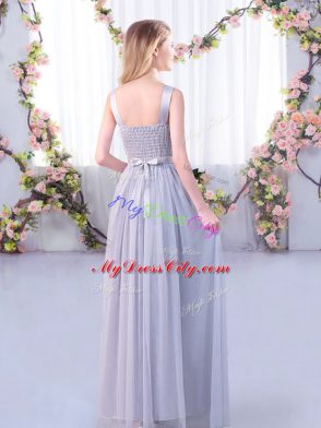 Smart Floor Length Side Zipper Bridesmaids Dress Apple Green for Wedding Party with Lace and Belt