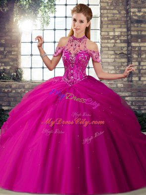 Beading and Pick Ups Sweet 16 Dresses Fuchsia Lace Up Sleeveless Brush Train