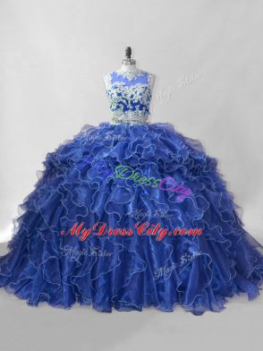 Sweet Blue Two Pieces Scoop Sleeveless Organza Brush Train Zipper Beading and Ruffles Quince Ball Gowns