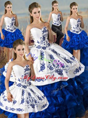 Glittering Blue And White Ball Gowns Organza Sweetheart Sleeveless Embroidery and Ruffles Floor Length Lace Up 15 Quinceanera Dress