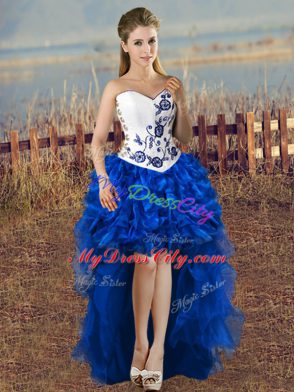 Glittering Blue And White Ball Gowns Organza Sweetheart Sleeveless Embroidery and Ruffles Floor Length Lace Up 15 Quinceanera Dress