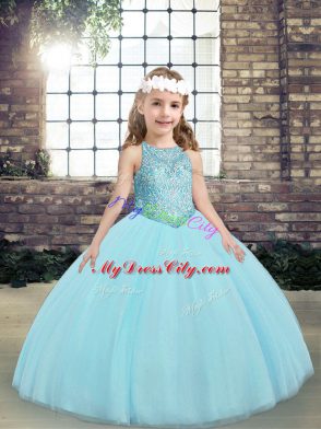 Aqua Blue Kids Pageant Dress Party and Wedding Party with Beading and Appliques Scoop Sleeveless Lace Up