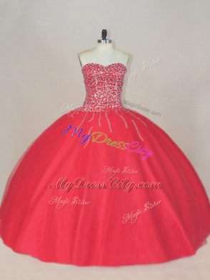 Best Selling Coral Red Ball Gowns Tulle Sweetheart Sleeveless Beading Floor Length Lace Up Sweet 16 Dresses
