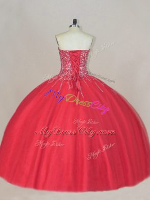 Best Selling Coral Red Ball Gowns Tulle Sweetheart Sleeveless Beading Floor Length Lace Up Sweet 16 Dresses