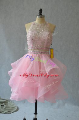 Baby Pink Sleeveless Organza Backless Dress for Prom for Prom and Party