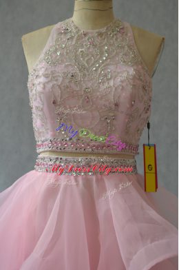Baby Pink Sleeveless Organza Backless Dress for Prom for Prom and Party