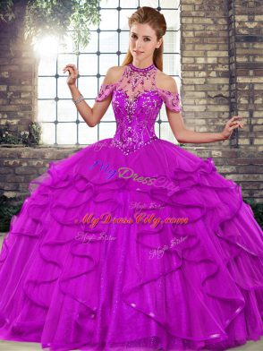 Gorgeous Ball Gowns Quinceanera Dress Purple Halter Top Tulle Sleeveless Floor Length Lace Up