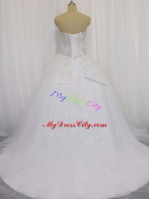 Lace Up Wedding Dress White for Wedding Party with Beading and Appliques Court Train