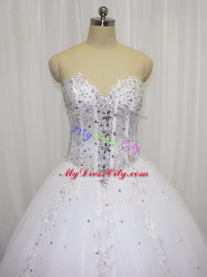 Lace Up Wedding Dress White for Wedding Party with Beading and Appliques Court Train