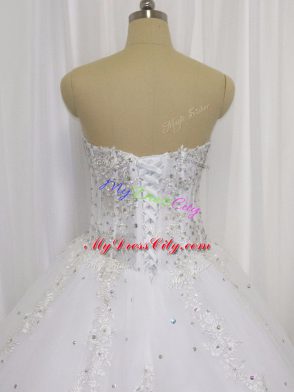 Lace Up Wedding Dress White for Wedding Party with Beading and Appliques Court Train