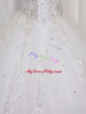 Lace Up Wedding Dress White for Wedding Party with Beading and Appliques Court Train
