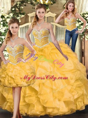 Pretty Sleeveless Floor Length Beading and Ruffles Lace Up Quinceanera Gowns with Gold